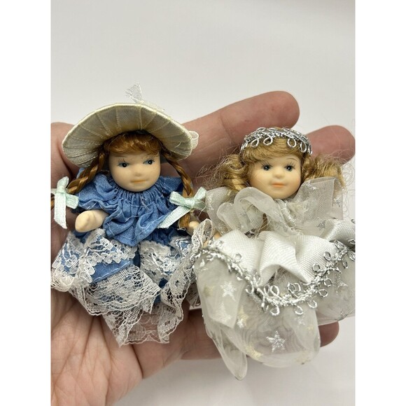 Miniature Porcelain Jointed Dolls w White Silver Star & Blue Dress 2.5" Lot of 2 - Picture 8 of 10